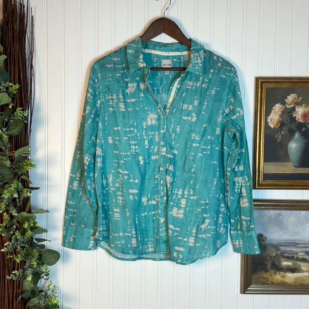 NIC+ZOE Button Up Shirt Womens Small Teal Excellent Cotton Abstract‎ Print